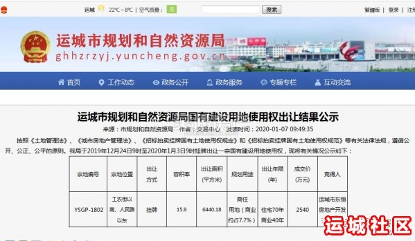 2020年运城第一宗土地拍买结果公布